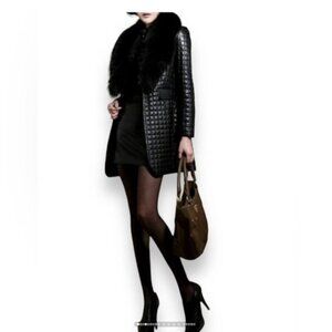 Vicosaco Women's Black Quilted Faux Leather Jacket Faux Fur Collar Jacket Coat M